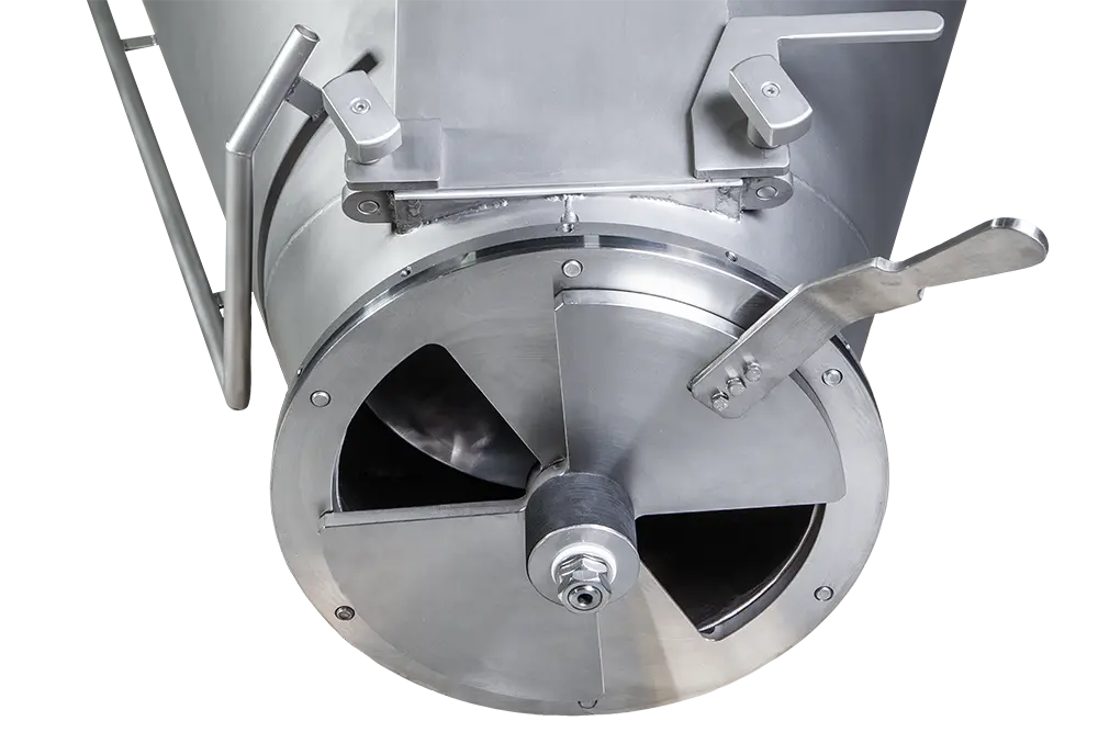 Bottom of the conical screw mixer with manually rotatable butterfly outlet